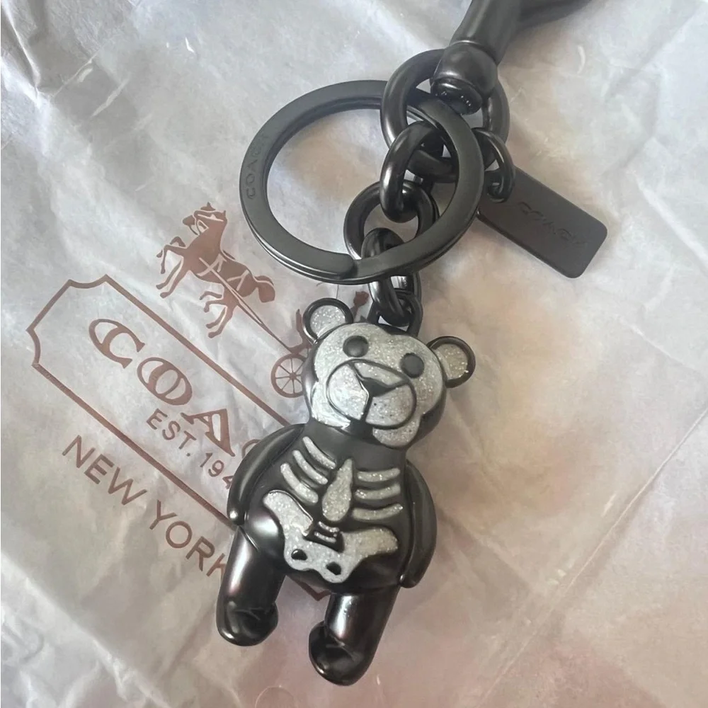 Coach Black Bear Skeleton Keychain Charm with Silver Glitter Accents